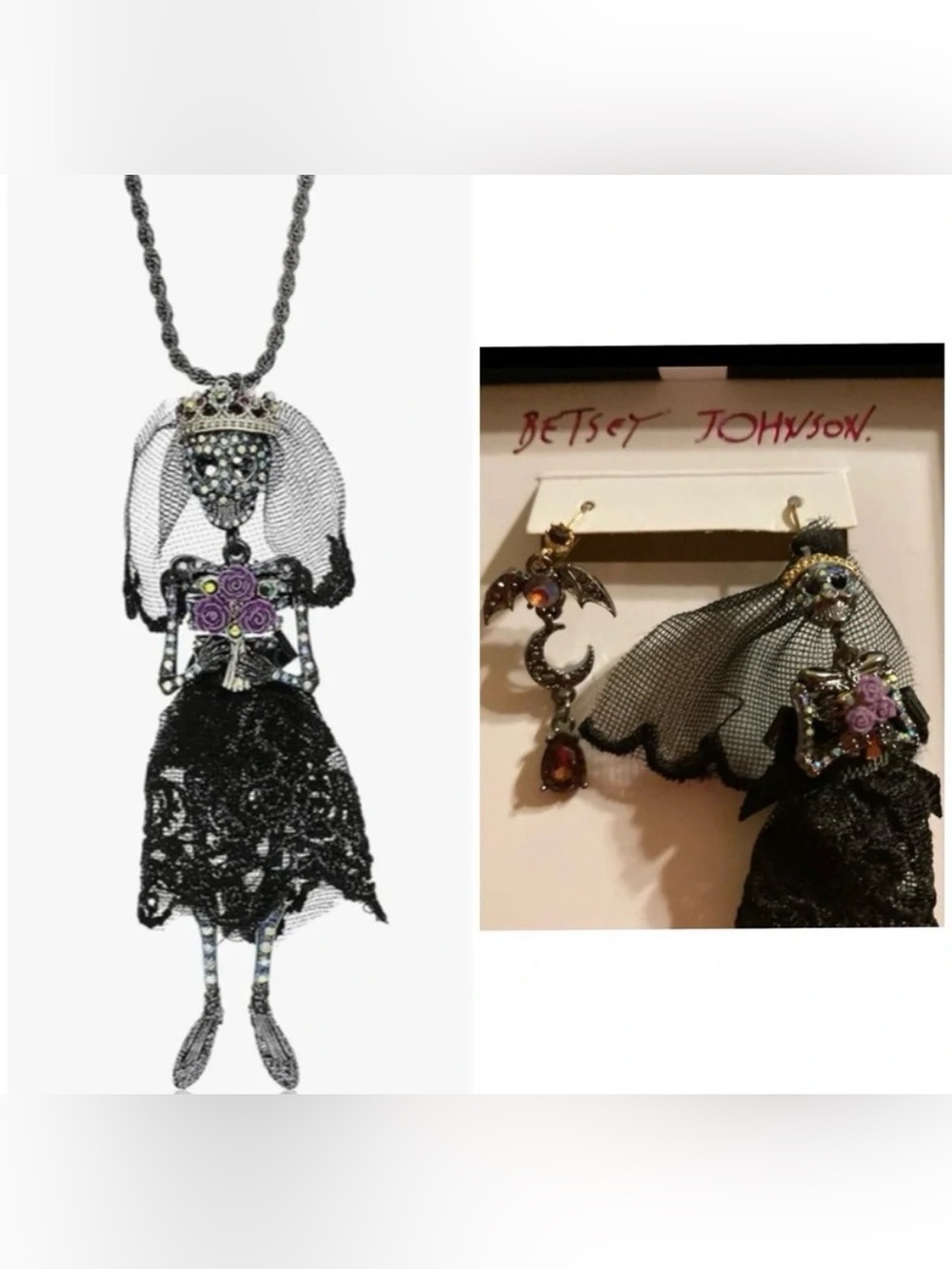 BETSEY JOHNSON SET Halloween Corpse Bride Mismatched Earrings & Necklace NEW NWT